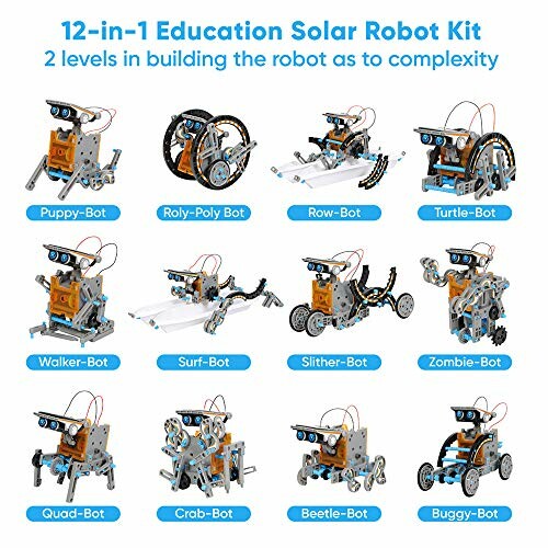 12-in-1 educational solar robot kit with various robot models displayed.