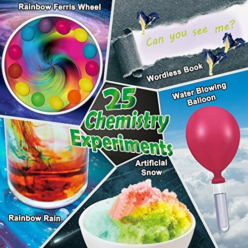 Colorful chemistry experiments kit with rainbow ferris wheel, wordless book, rainbow rain, artificial snow, and water blowing balloon.