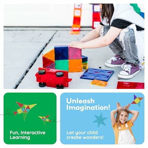 Children playing with colorful magnetic tiles for interactive learning.