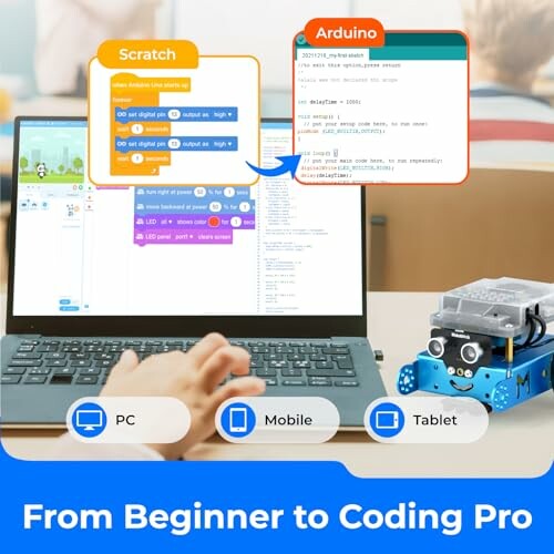 Laptop displaying coding platforms Scratch and Arduino, promoting coding education from beginner to pro.
