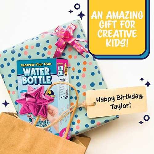 Decorate your own water bottle gift set for kids with colorful wrapping.