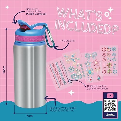 Water bottle with carabiner and gemstone stickers included.
