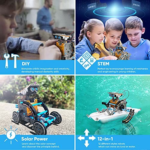 DIY STEM robot kit powered by solar energy, showcasing different models and educational use.