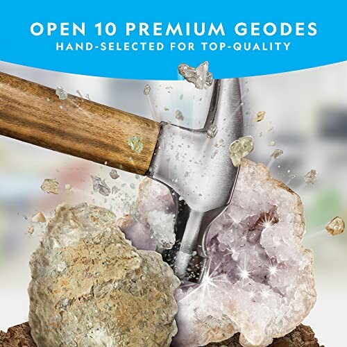 Hammer breaking open a geode with crystals inside.