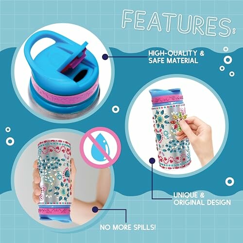 Features of a kids' water bottle including high-quality material, unique design, and no spills.