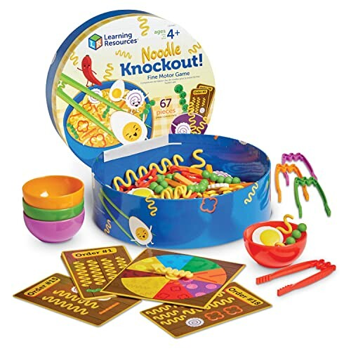 Noodle Knockout fine motor game with colorful bowls, noodles, tongs, and order cards.