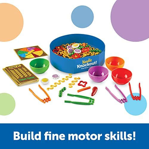 Noodle Knockout game set with colorful pieces and bowls for building fine motor skills.