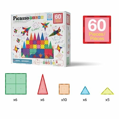 Picasso Tiles 60-piece set with geometric shapes in various colors.