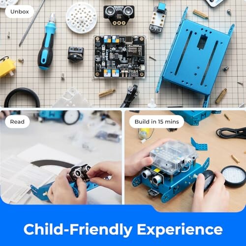 Child-friendly robotics kit with components and assembly steps.