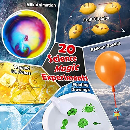Collage of five science experiments: milk animation, fruit circuits, trapped ice cubes, floating drawings, and balloon rocket.
