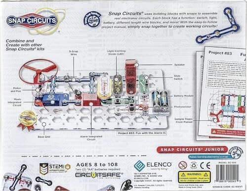 Back of Snap Circuits Junior kit showing electronic project components and assembly diagram.