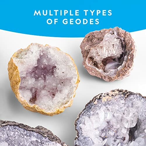 Different types of geodes displayed on a surface.